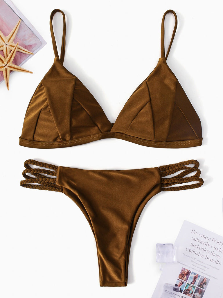 Brown V-Neck Sleeveless Plain Backless Two Piece Bikinis