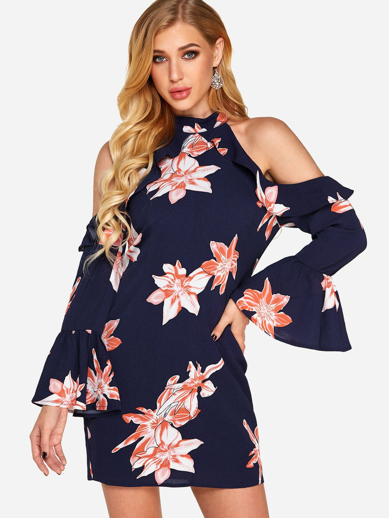 Navy Halter Long Sleeve Floral Print Zip Back Dresses
