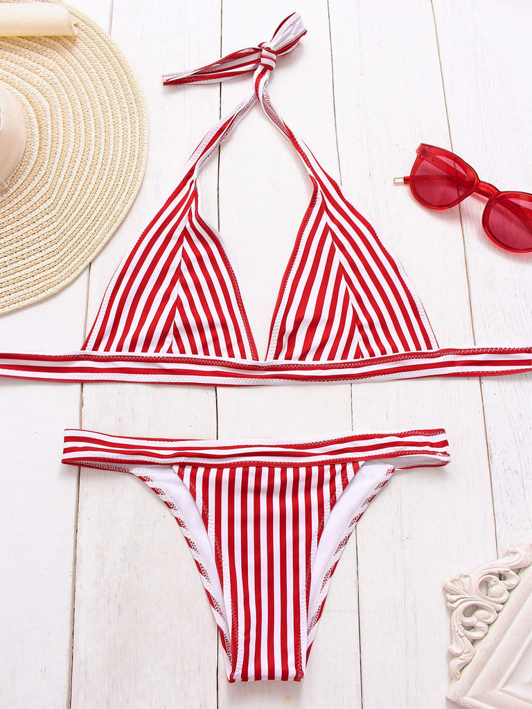 Red V-Neck Sleeveless Stripe Two Piece Bikinis