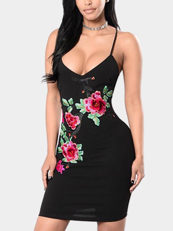 Black V-Neck Sleeveless Embroidered Backless Mini Dress