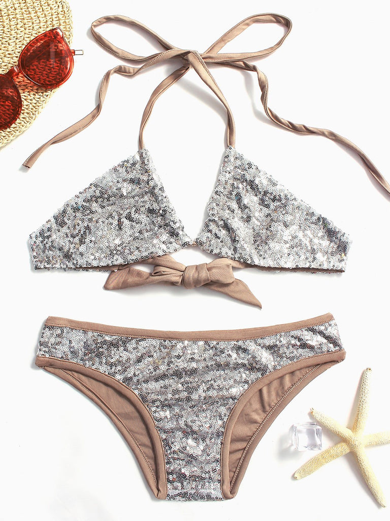 Silver Sleeveless Sequins Embellished Bikinis