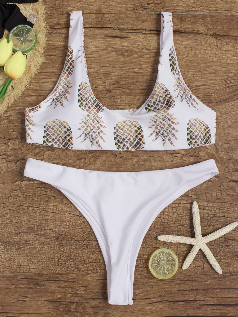 White Scoop Neck Sleeveless Printed Bikinis