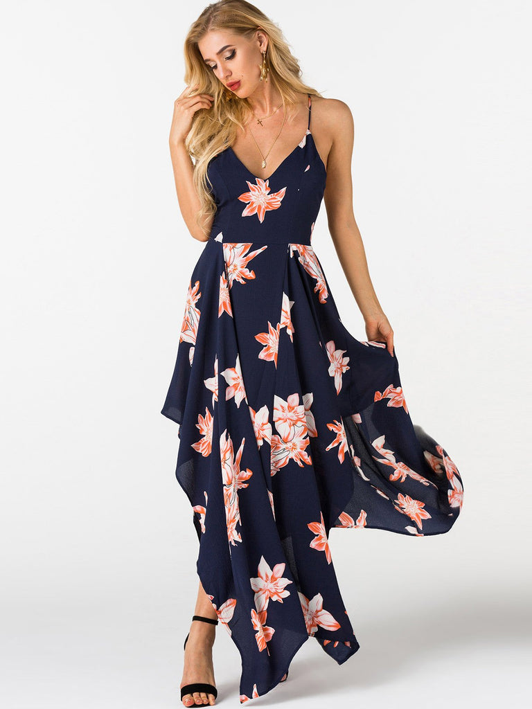 Navy Deep V-Neck Sleeveless Floral Print Zip Back Criss-Cross Irregular Hem Maxi Dresses