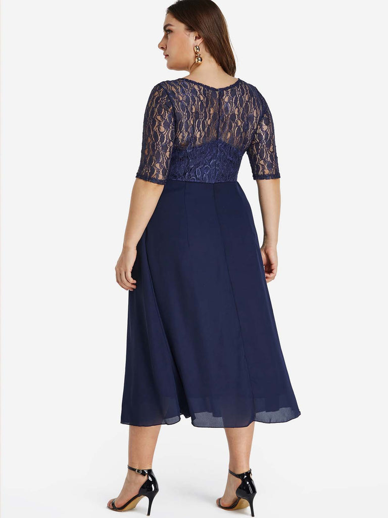 Round Neck Plain Lace Half Sleeve Flounced Hem Blue Plus Size Dress