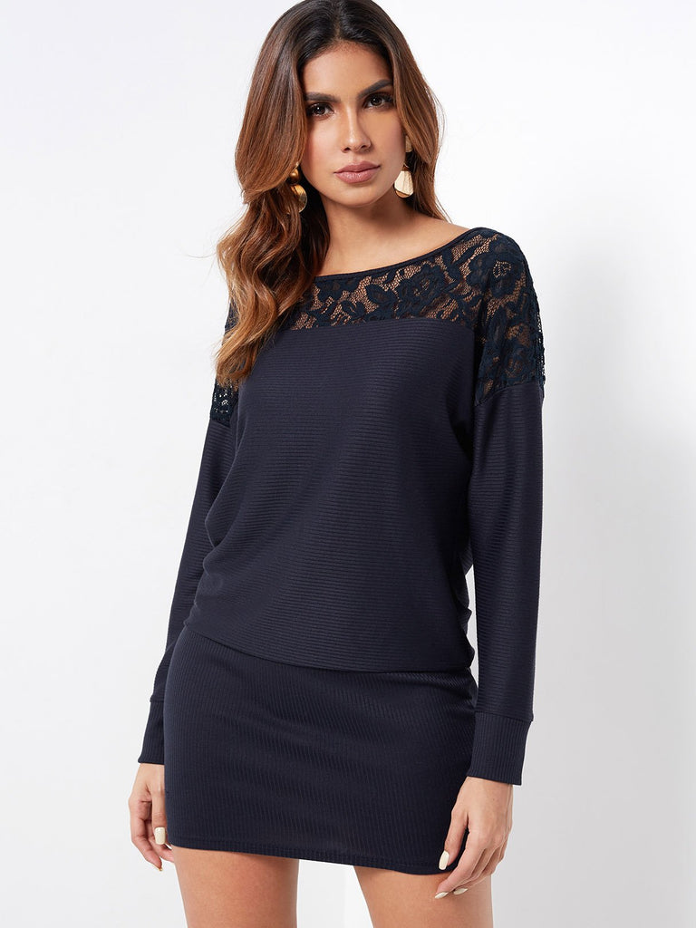 Navy Round Neck Long Sleeve Plain Lace Dresses