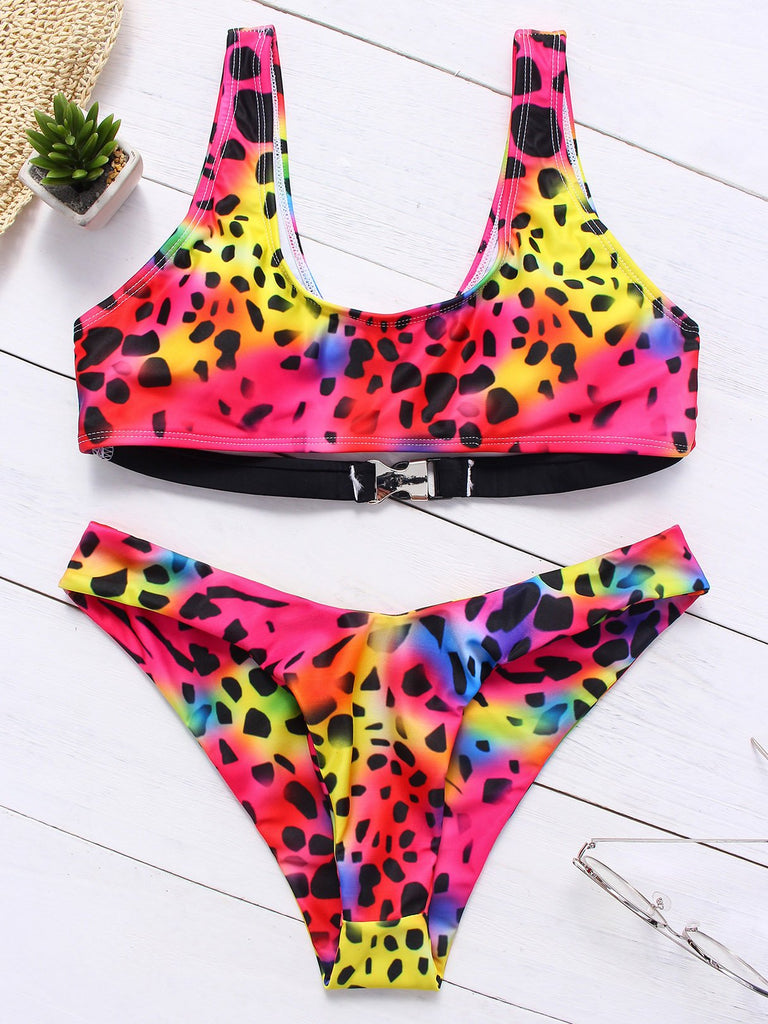 Red Scoop Neck Sleeveless Leopard Fantasy Colour Bikinis