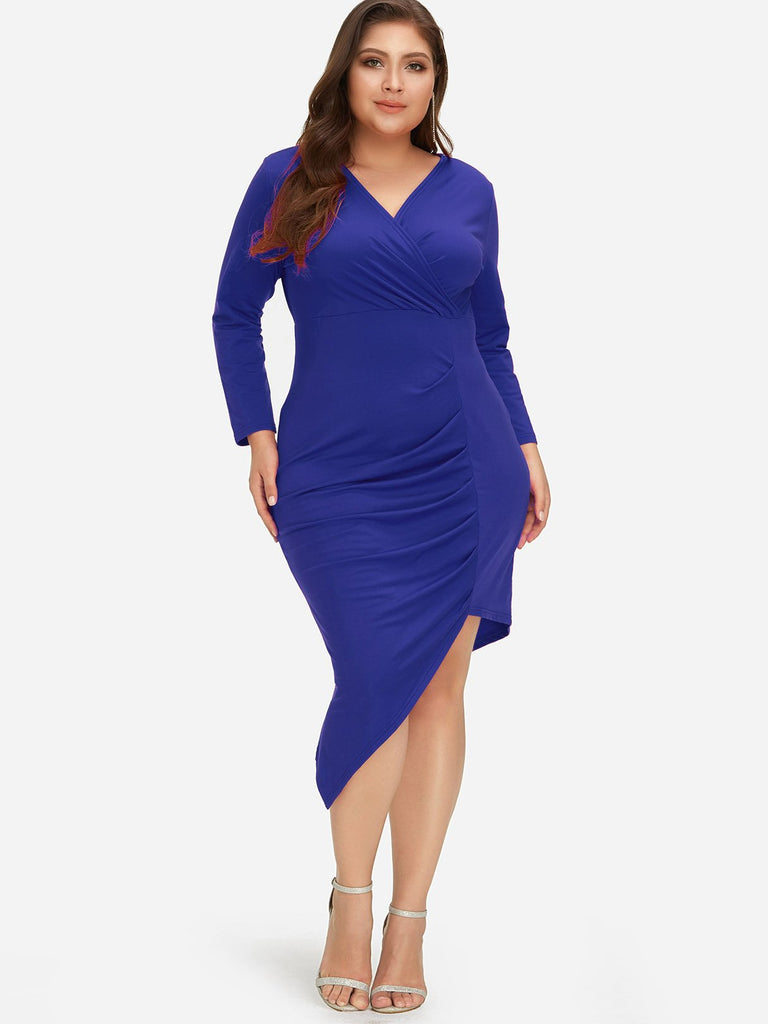 V-Neck Plain Wrap Long Sleeve Irregular Hem Blue Plus Size Dress