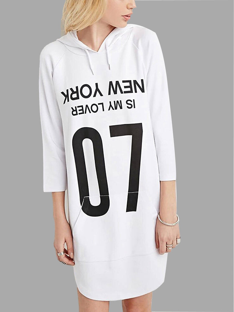 White 3/4 Length Sleeve Letter Curved Hem Shirt Dress