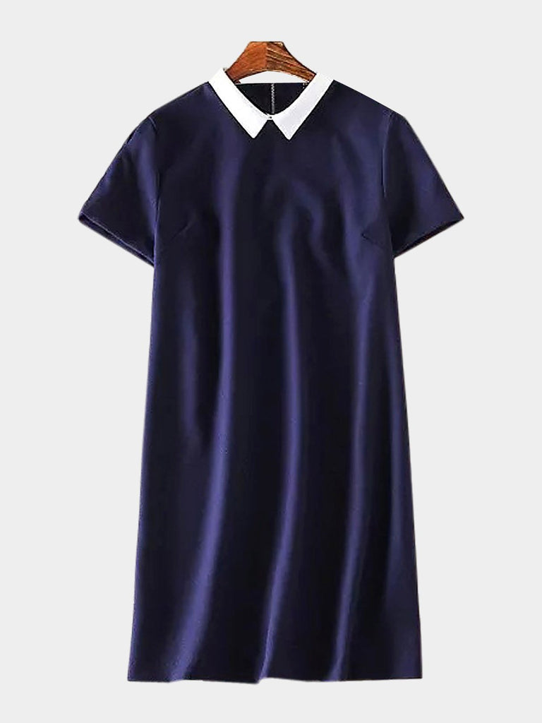 Navy Blue Classic Collar Short Sleeve Zip Back Shirt Dress