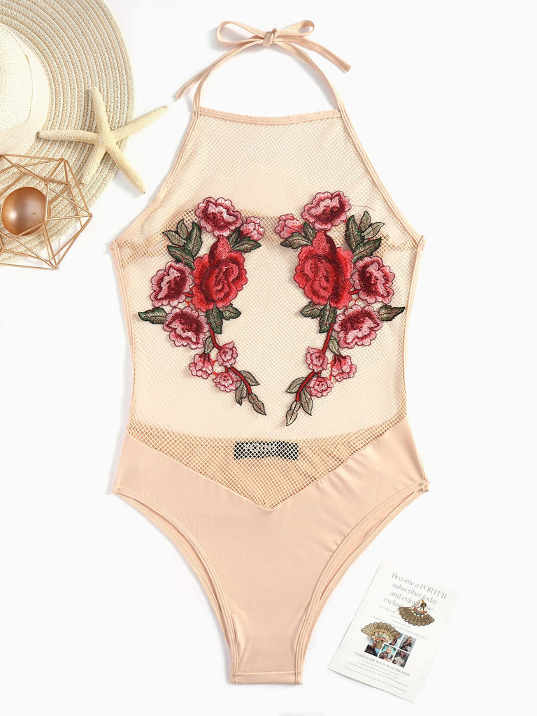 Halter Sleeveless Embroidered See Through One-Pieces Swimsuits