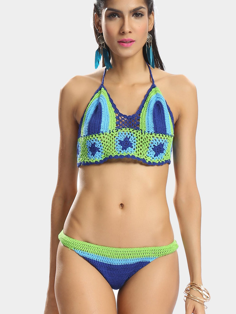 Halter Sleeveless Crochet Lace Embellished Two Piece Bikinis