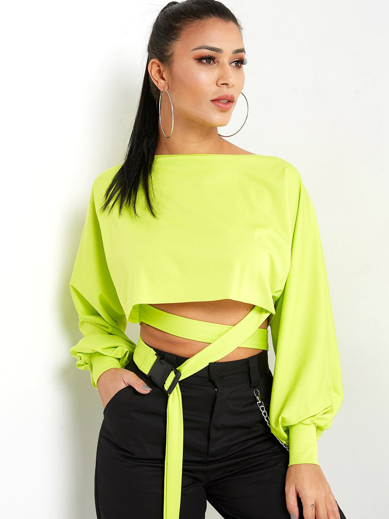 Crew Neck Plain Self-Tie Long Sleeve T-Shirts