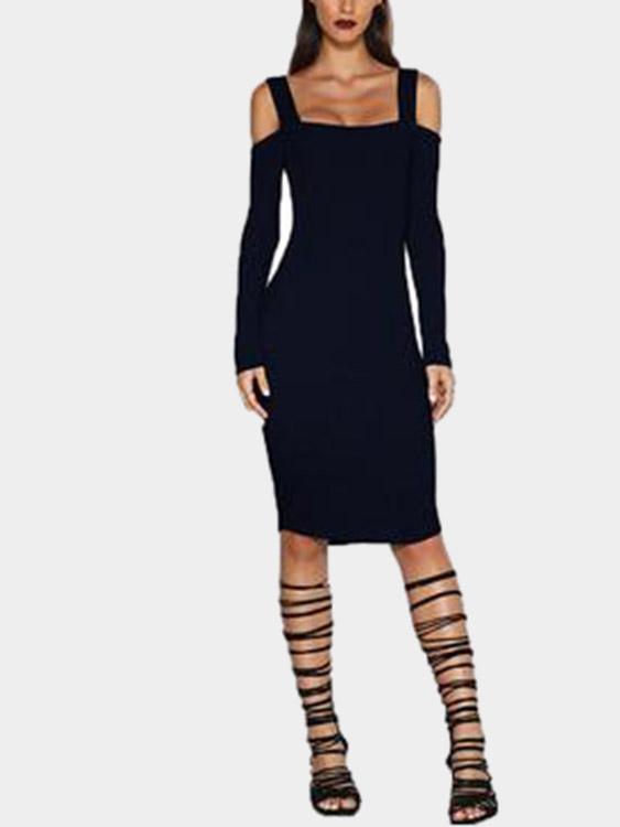 Black Bateau Long Sleeve Plain Backless Cut Out Midi Dress