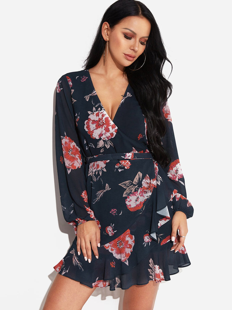 Black Deep V Neck Long Sleeve Floral Print Crossed Front Self-Tie Flounced Hem Dresses