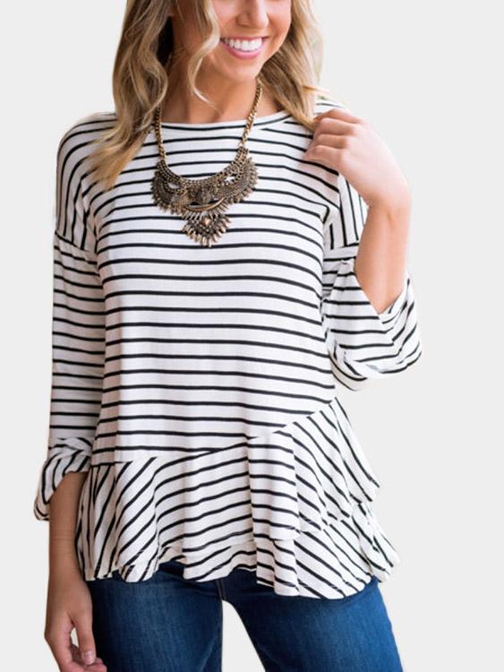 Round Neck Stripe Long Sleeve Ruffle Hem Black T-Shirts