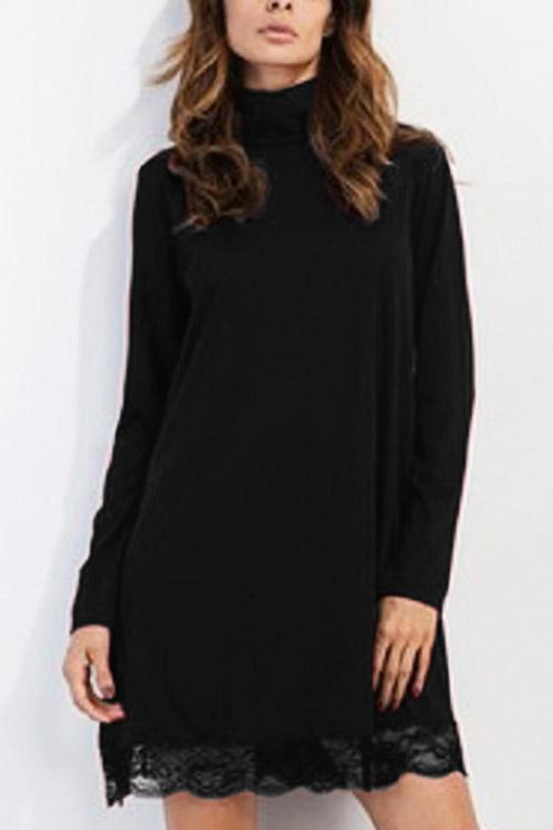 Black Perkins Collar Long Sleeve Casual Dress