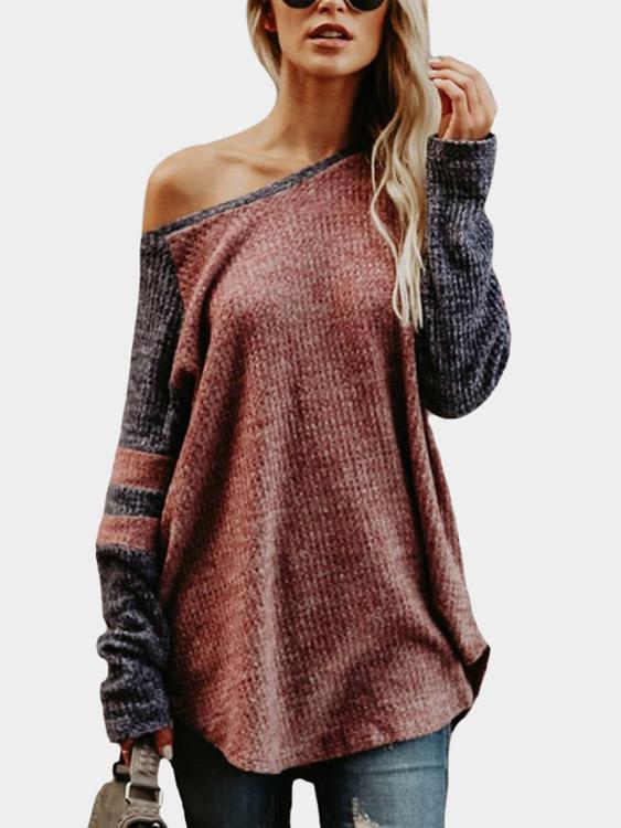Round Neck One Shoulder Stripe Cable Knit Long Sleeve Curved Hem T-Shirts