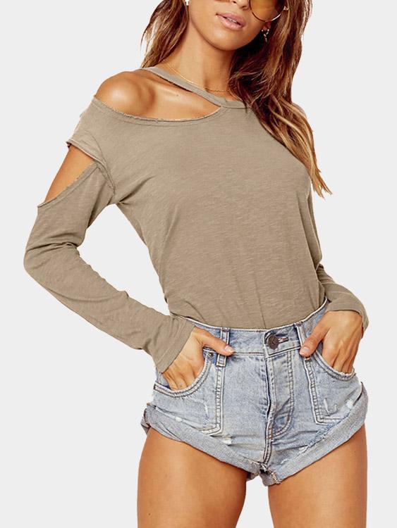One Shoulder Plain Cut Out Long Sleeve Apricot T-Shirts