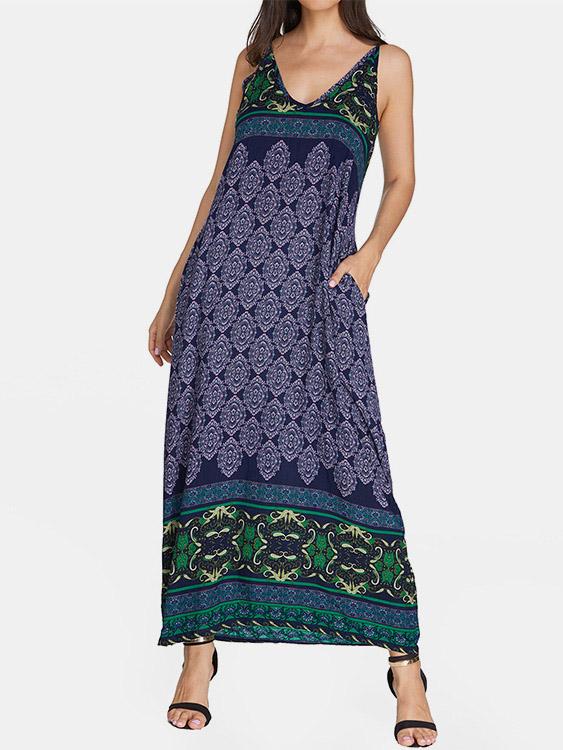 Navy V-Neck Sleeveless Tribal Print Backless Maxi Dress