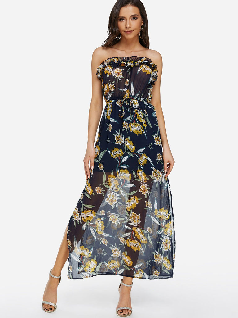Navy Off The Shoulder Sleeveless Floral Print Lace-Up Slit Hem Maxi Dress