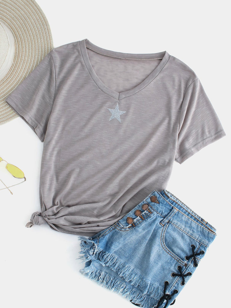 V-Neck Star Short Sleeve Gray T-Shirts