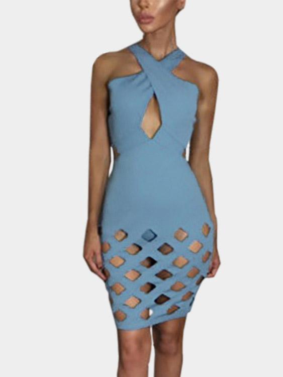 Halter Sleeveless Plain Zip Back Hollow Cut Out Mini Dress