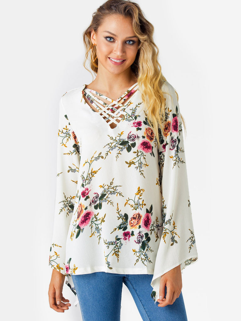 V-Neck Floral Print Crossed Front Long Sleeve White Top