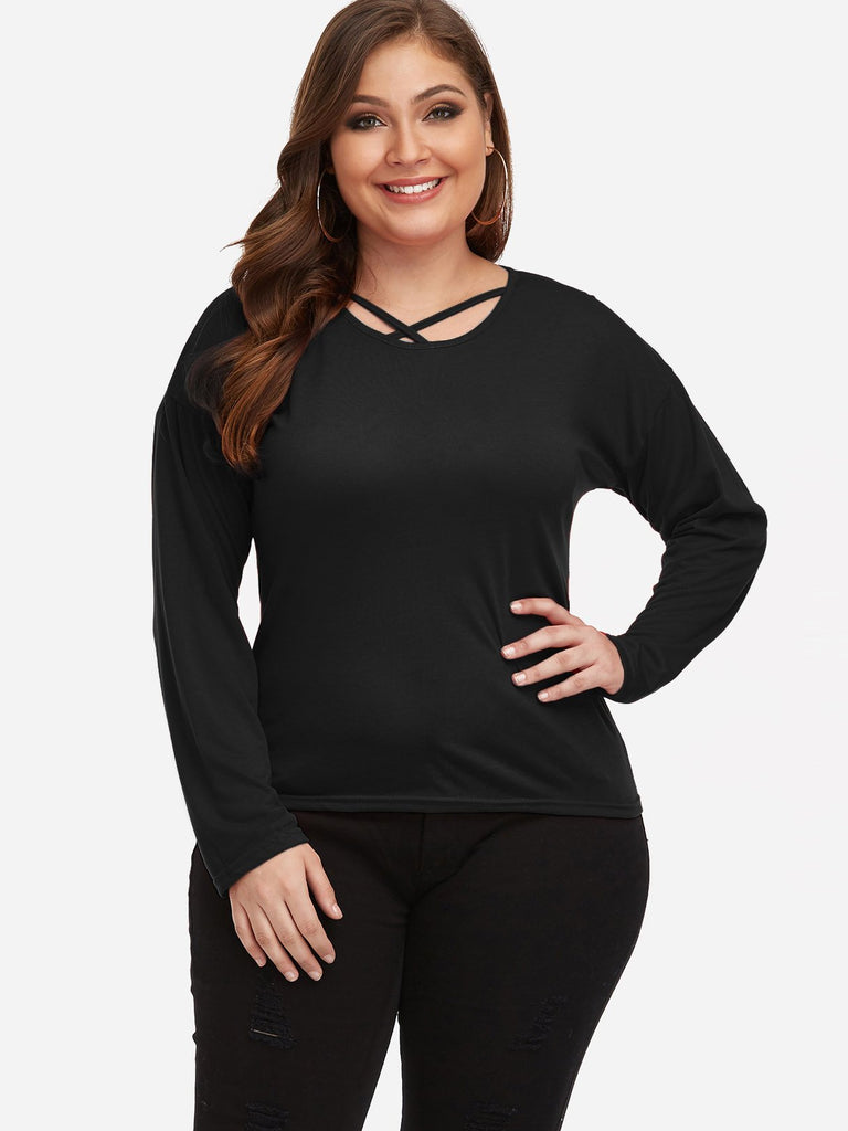 Round Neck Plain Criss-Cross Long Sleeve Black Plus Size Tops