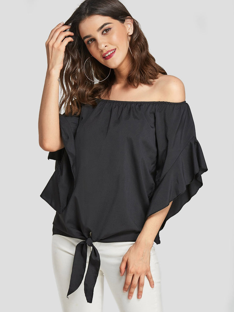 Off The Shoulder Self-Tie Short Sleeve Blouses