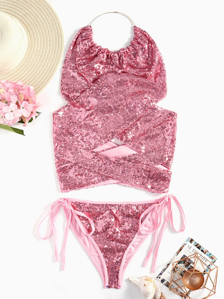 Pink Halter Sequins Embellished Two Piece Bikinis