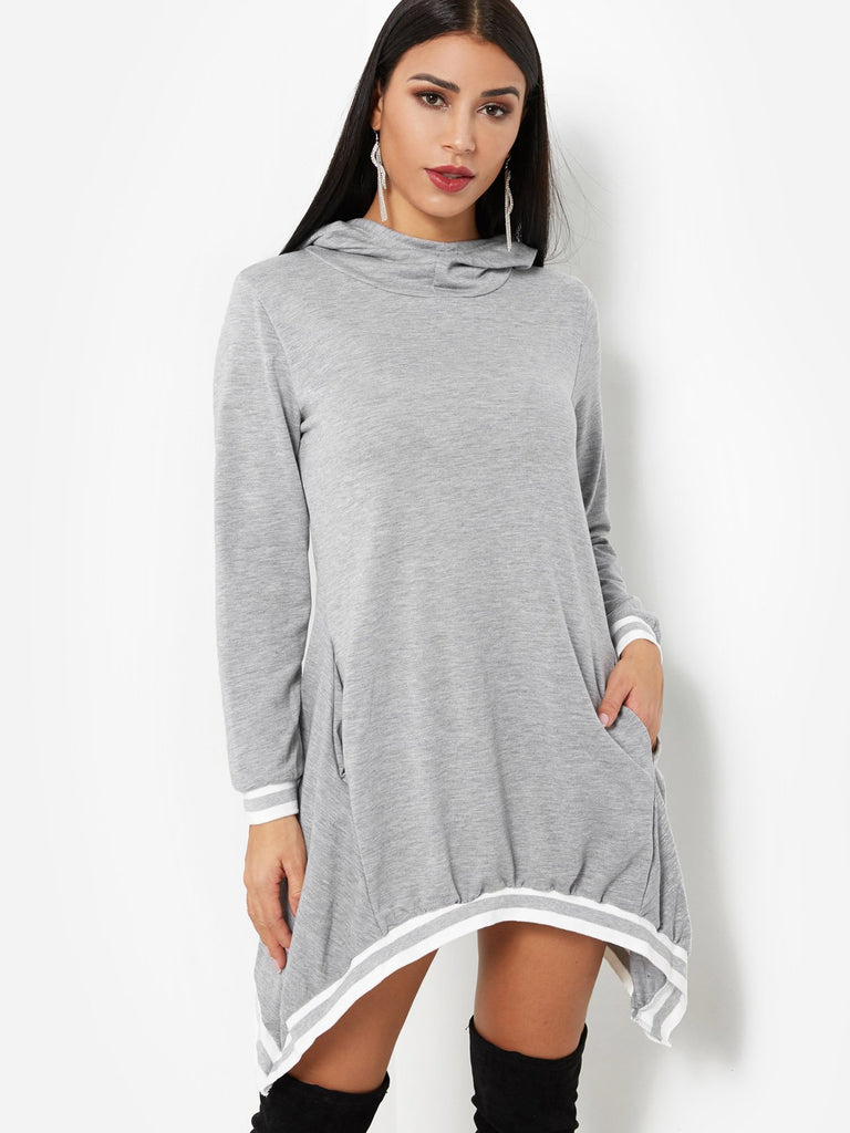 Pullover Plain Hooded Long Sleeve Irregular Hem Grey Shirt Dresses
