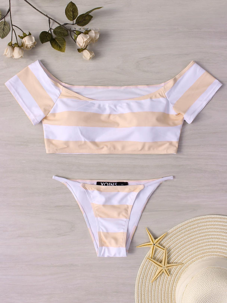 White Strapless Off The Shoulder Sleeveless Stripe Two Piece Bikinis