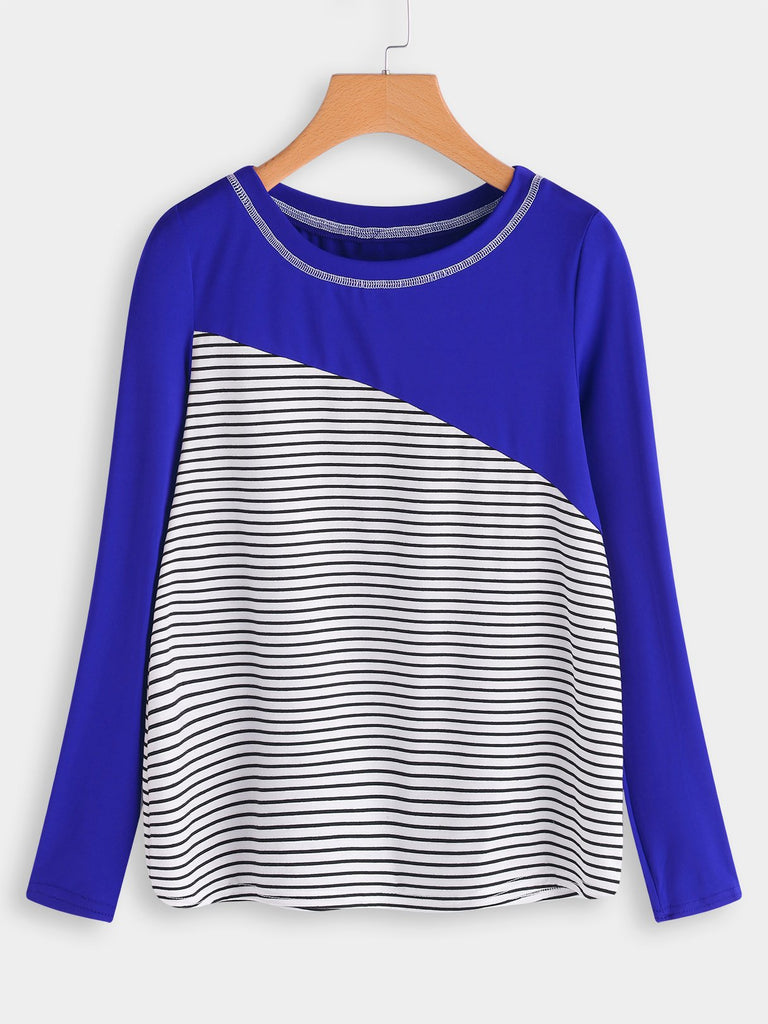 Round Neck Stripe Long Sleeve Blue T-Shirts