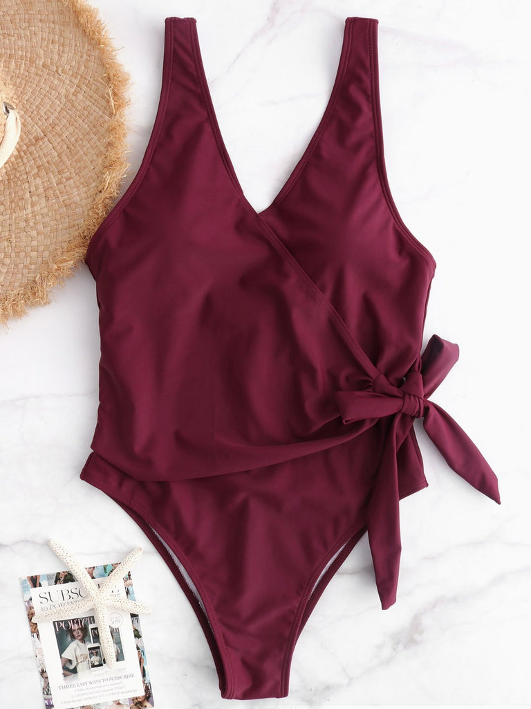 Burgundy V-Neck Sleeveless Plain Backless One-Pieces