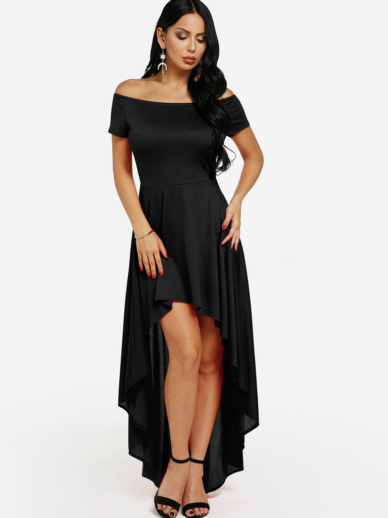 Off The Shoulder Short Sleeve Zip Back High-Low Hem Dresses