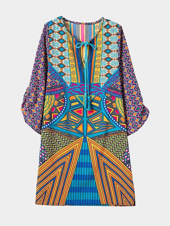 Round Neck 3/4 Length Sleeve Geometrical Floral Print Tassel Mini Dress