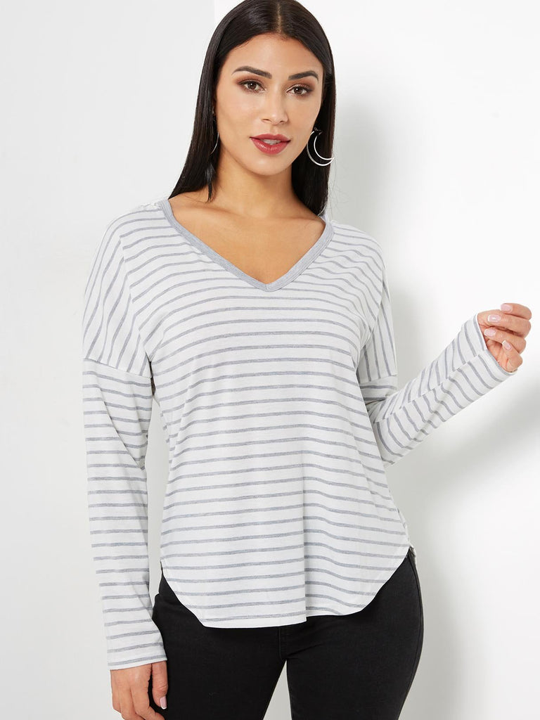 V-Neck Stripe Hooded Long Sleeve High-Low Hem White T-Shirts