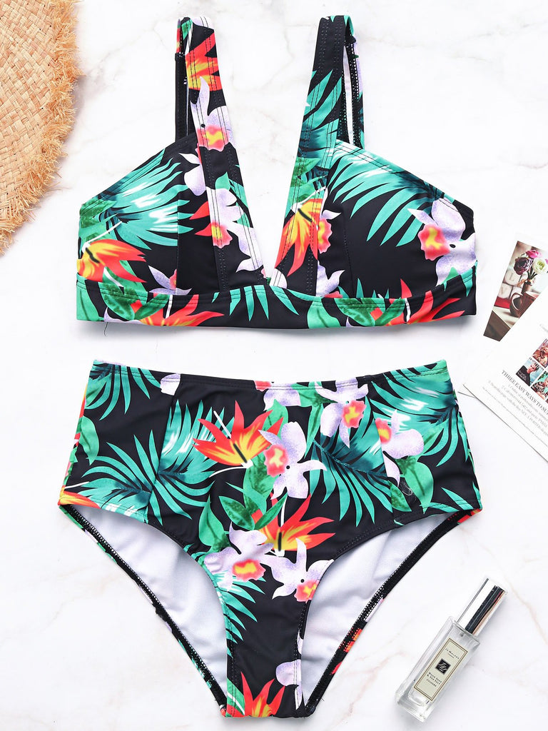 V-Neck Floral Print Sleeveless High Waist 2 Piece Bikinis