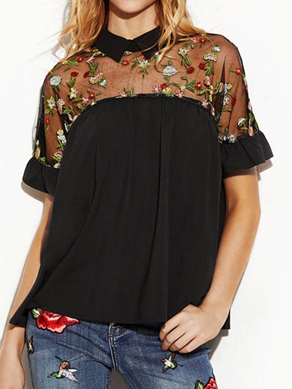 Lapel Collar Embroidered Short Sleeve Ruffle Hem Black Top