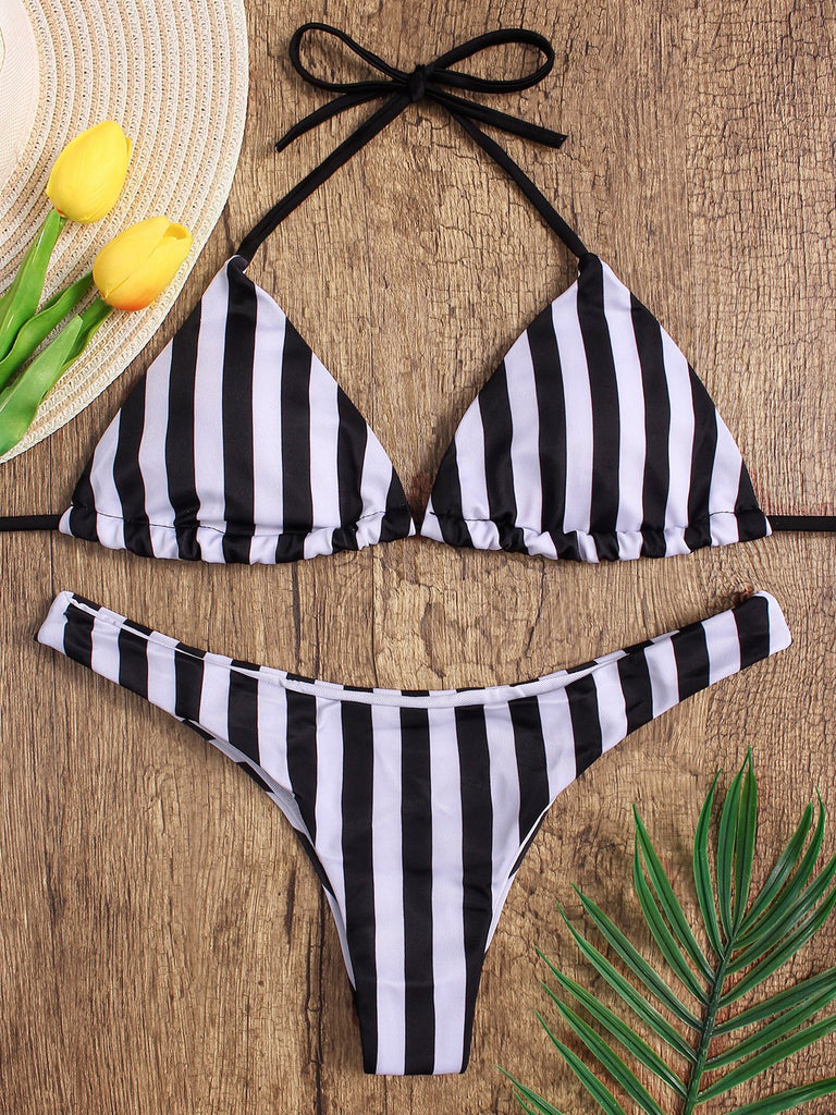 Black V-Neck Sleeveless Stripe Bodycon Two Piece Bikinis