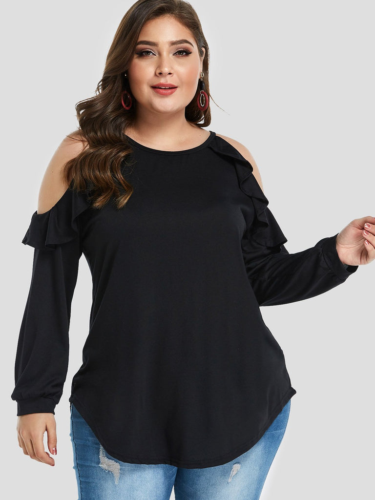 Round Neck Cold Shoulder Plain Ruffle Trim Long Sleeve Curved Hem Plus Size Tops