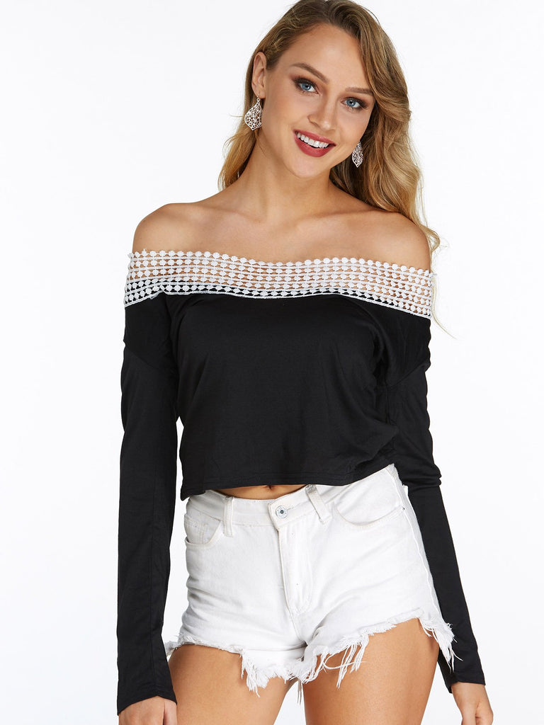 Off The Shoulder Plain Lace Long Sleeve Black T-Shirts