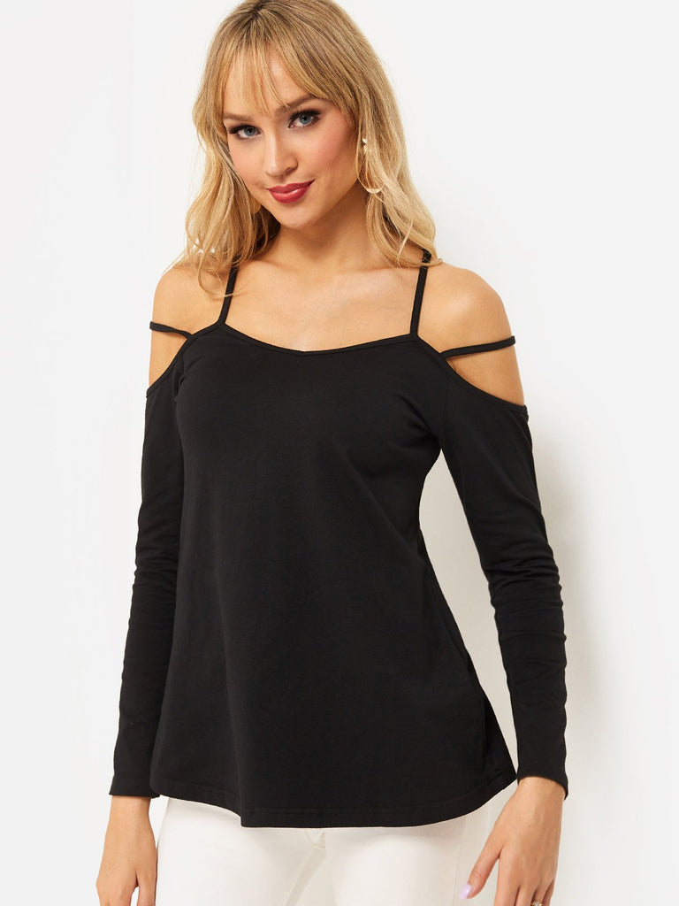 Cold Shoulder Plain Lace Lace-Up Long Sleeve Black T-Shirts