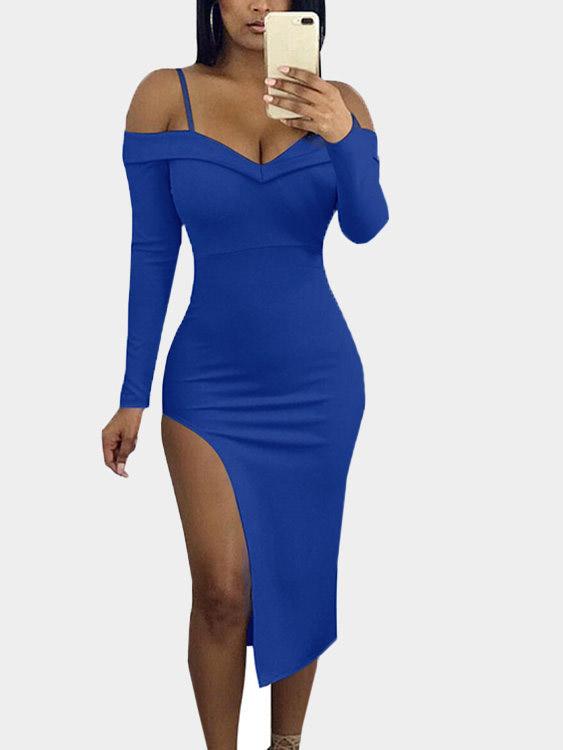 Off The Shoulder Long Sleeve Slit Hem Dress