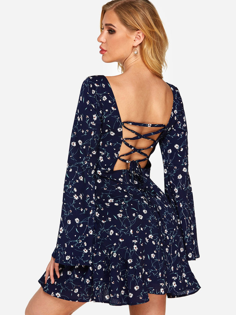 Navy Square Neck Long Sleeve Floral Print Backless Lace-Up Criss-Cross Dresses