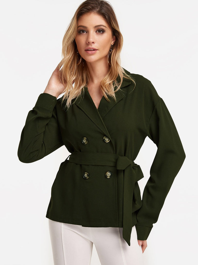 Lapel Collar Lace-Up Long Sleeve Army Green T-Shirts