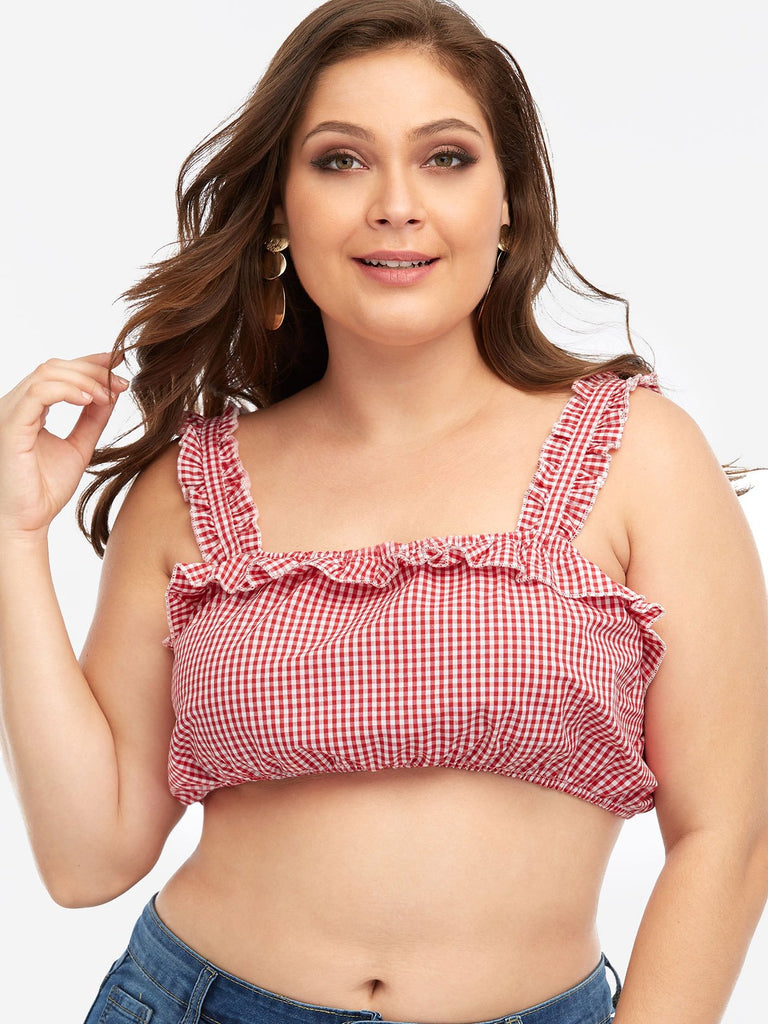 Grid Tiered Sleeveless Red Plus Size Tops