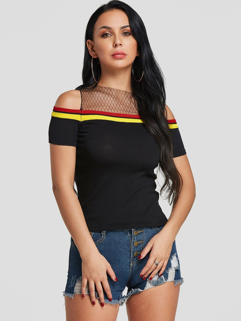 Cold Shoulder Short Sleeve Black T-Shirts