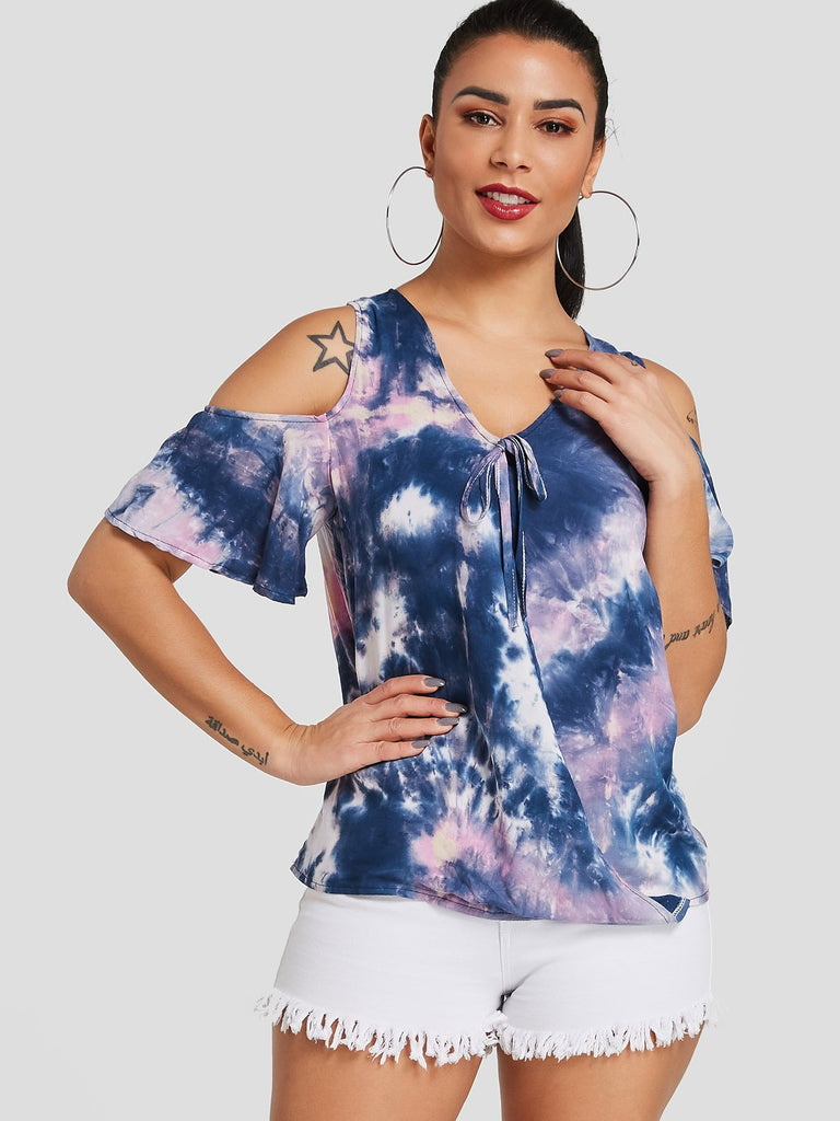 Cold Shoulder Self-Tie Short Sleeve Blue T-Shirts