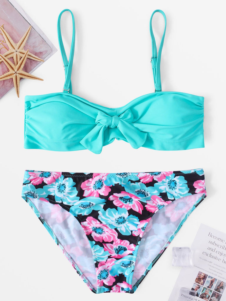 Deep V-Neck Sleeveless Floral Print Bowknot Two Piece Bikinis